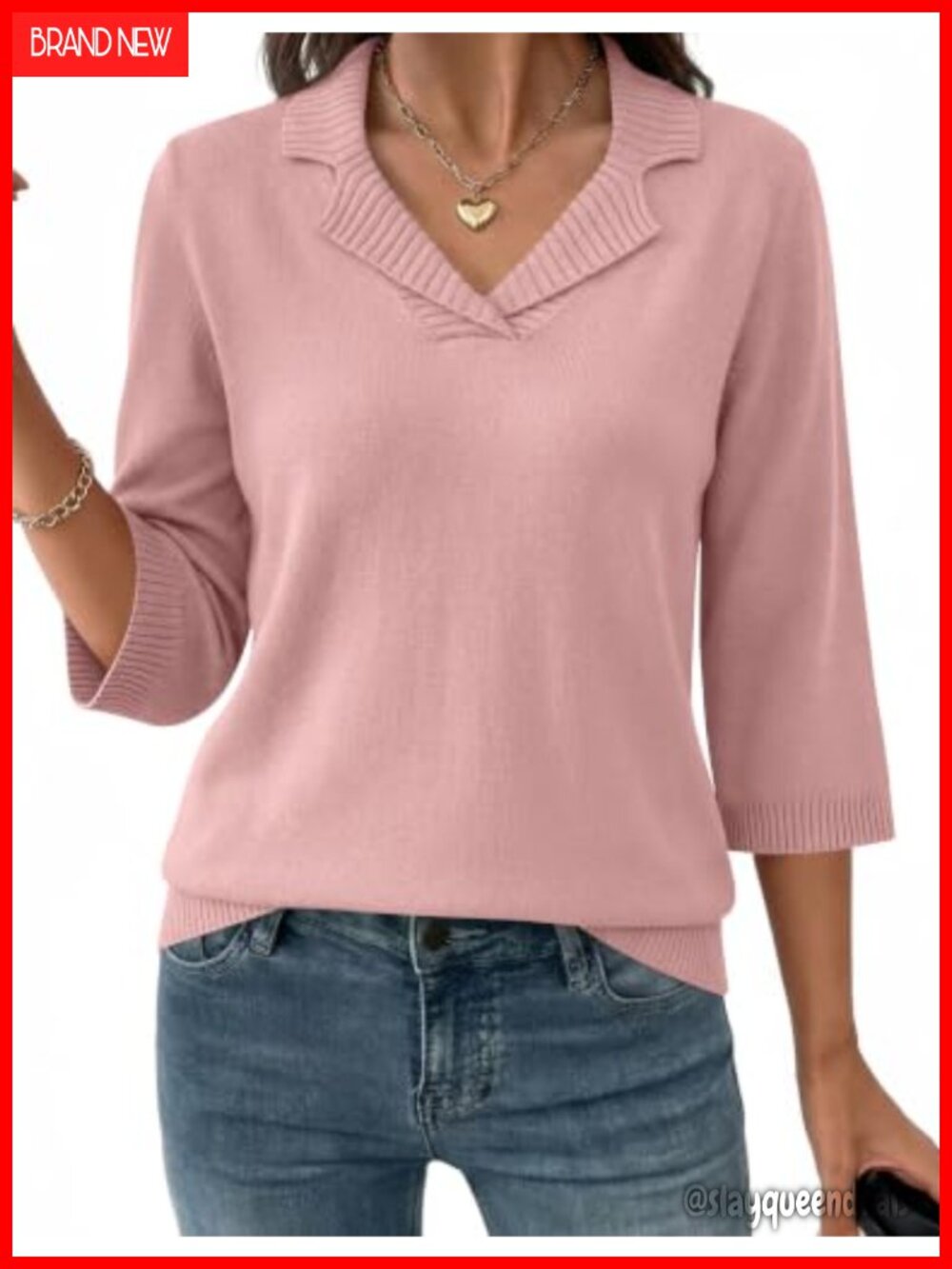 Womens Collared V Neck 3/4 Sleeve Knit Pullover Sweater Top